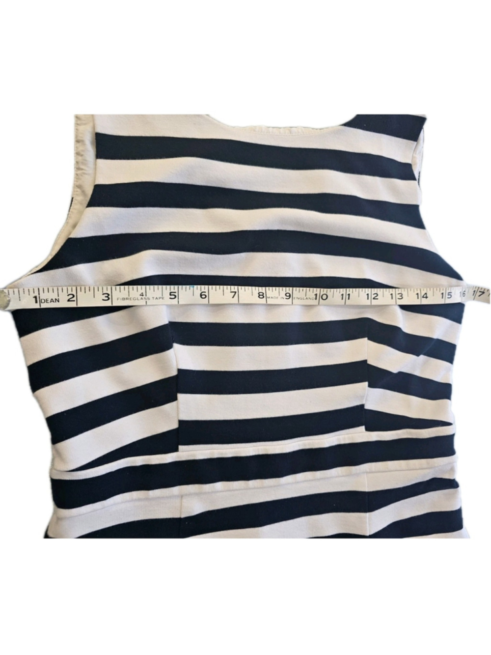 Banana Republic Dress Size 14 Womans Navy White Striped Ponte Sleeveless Ruffle - Picture 13 of 16